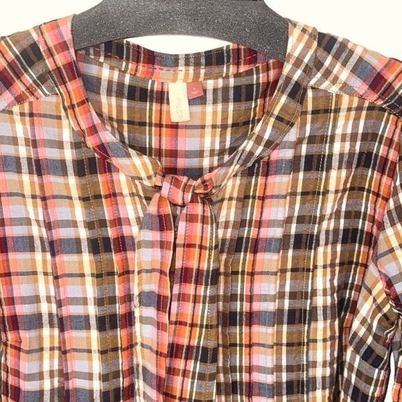 Pilcro Womens Plaid Tie Neck Button Front Long Sleeve Blouse Multicolor Small - Picture 4 of 11